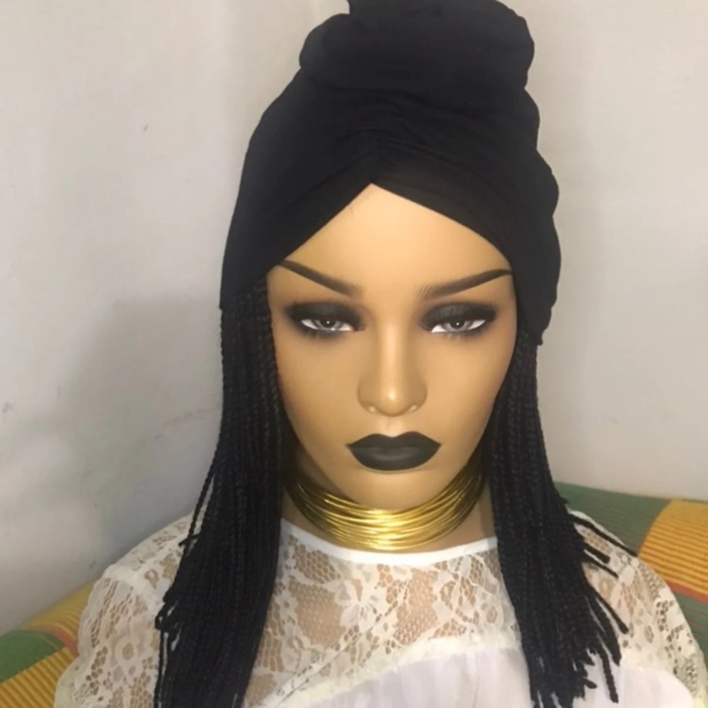 Stretch Black Turban with human braids wig hat